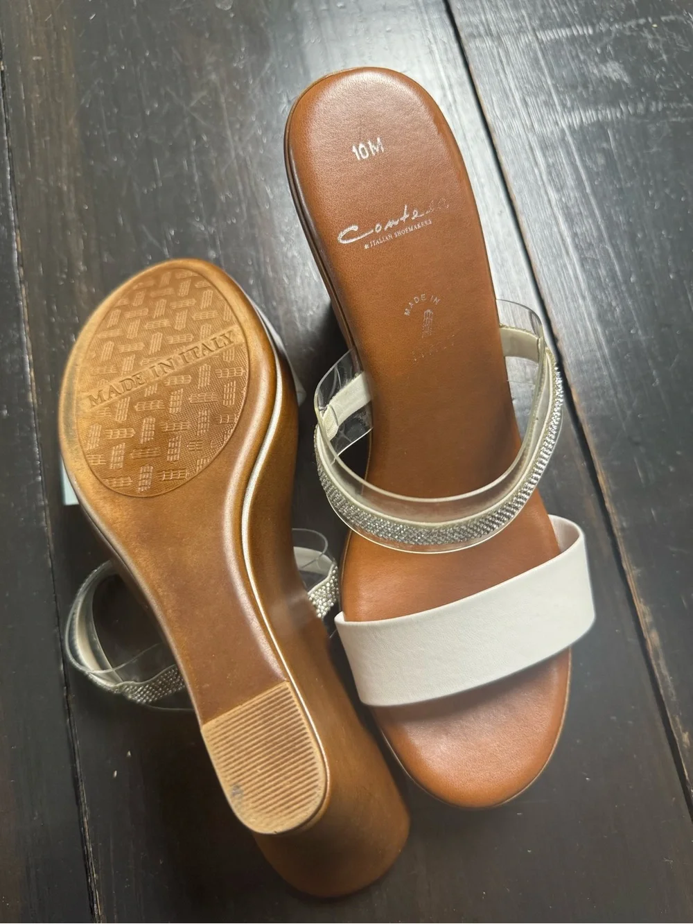 Clear Rhinestone and White Strap Brown Wedge Sandals